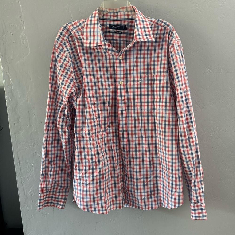 Nautica Men's Blue and Red Checkered Shirt
